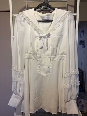 White Lace Trim Blouse with Bow Detail